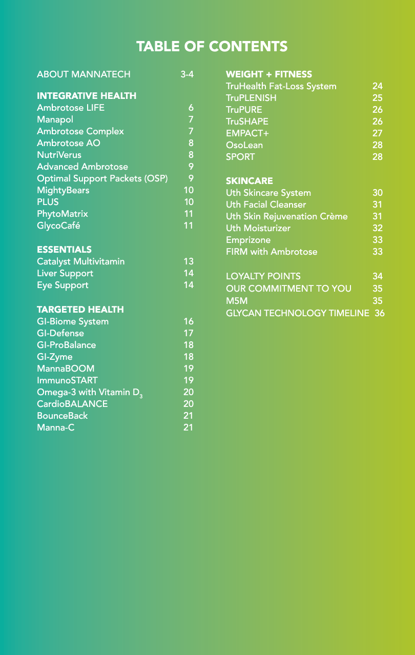 TABLE OF CONTENTS ABOUT MANNATECH 3-4 INTEGRATIVE HEALTH Ambrotose LIFE 6 Manapol 7 Ambrotose Complex  7 Ambrotose AO   