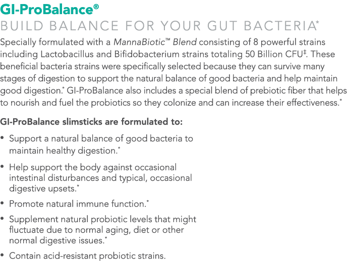 GI-ProBalance  Build bALANCE for YOUR GUT BACTERIA* Specially formulated with a MannaBiotic  Blend consisting of 8 po   