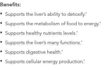 Benefits:   Supports the liver s ability to detoxify *   Supports the metabolism of food to energy *   Supports healt   