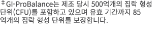 ‡GI-ProBalance는 제조 당시 500억개의 집락 형성 단위(CFU)를 포함하고 있으며 유효 기간까지 85억개의 집락 형성 단위를 보장합니다.