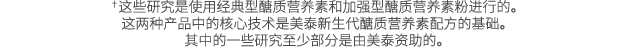 †这些研究是使用经典型醣质营养素和加强型醣质营养素粉进行的。 这两种产品中的核心技术是美泰新生代醣质营养素配方的基础。 其中的一些研究至少部分是由美泰资助的。