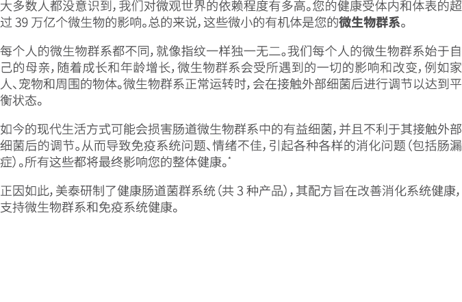 大多数人都没意识到，我们对微观世界的依赖程度有多高。您的健康受体内和体表的超过 39 万亿个微生物的影响。总的来说，这些微小的有机体是您的微生物群系。 每个人的微生物群系都不同，就像指纹一样独一无二。我们每个人的微生物群系始于自己的母...