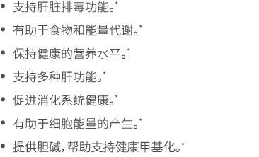 • 支持肝脏排毒功能。* • 有助于食物和能量代谢。* • 保持健康的营养水平。* • 支持多种肝功能。* • 促进消化系统健康。* • 有助于细胞能量的产生。* • 提供胆碱，帮助支持健康甲基化。*