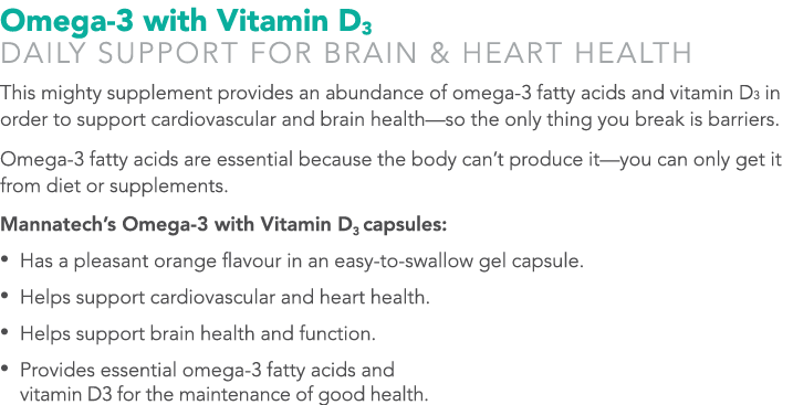 Omega-3 with Vitamin D3 DAILY Support FOR BRAIN & HEART HEALTH This mighty supplement provides an abundance of omega-...