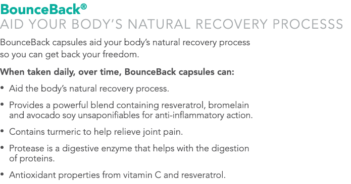 BounceBack® AID YOUR BODY’s NATURAL RECOVERY PROCESSS BounceBack capsules aid your body’s natural recovery process so...
