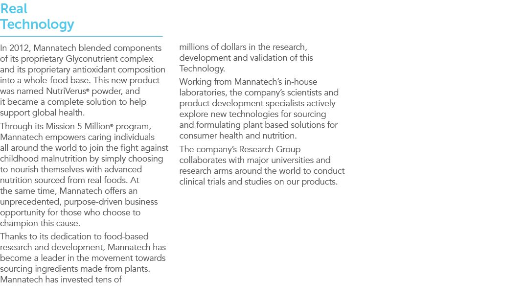 Real Technology In 2012, Mannatech blended components of its proprietary Glyconutrient complex and its proprietary an   