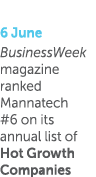 6 June BusinessWeek magazine ranked Mannatech #6 on its annual list of Hot Growth Companies
