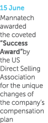 15 June Mannatech awarded the coveted  Success Award by the US Direct Selling Association for the unique changes of t   