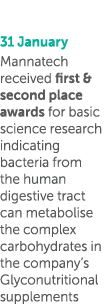 31 January Mannatech received first & second place awards for basic science research indicating bacteria from the hum   