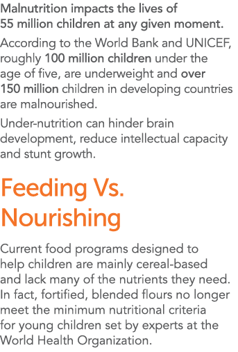 Malnutrition impacts the lives of 55 million children at any given moment  According to the World Bank and UNICEF, ro   