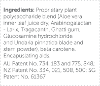 Ingredients: Proprietary plant polysaccharide blend (Aloe vera inner leaf juice dry, Arabinogalactan - Larix, Tragaca   