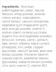 Ingredients: Rice bran, arabinogalactan, yeast, natural flavours, whey powder, acerola cherry extract, maltodextrin,    