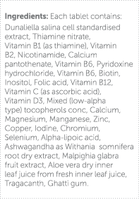 Ingredients: Each tablet contains: Dunaliella salina cell standardised extract, Thiamine nitrate, Vitamin B1 (as thia   