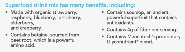 Superfood drink mix has many benefits, including:  Made with organic strawberry, raspberry, blueberry, tart cherry, e   