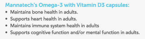 Mannatech s Omega-3 with Vitamin D3 capsules: Maintains bone health in adults  Supports heart health in adults  Maint   