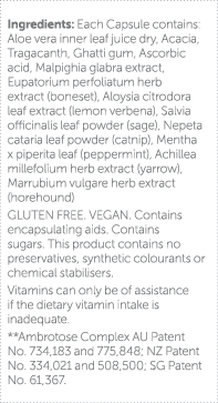 Ingredients: Each Capsule contains: Aloe vera inner leaf juice dry, Acacia, Tragacanth, Ghatti gum, Ascorbic acid, Ma   