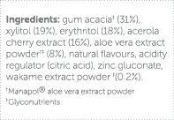 Ingredients: gum acacia  (31%), xylitol (19%), erythritol (18%), acerola cherry extract (16%), aloe vera extract powd   