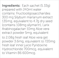 Ingredients: Each sachet (5 33g) prepared with 240ml water contains: Fructooligosaccharides 300 mg Silybum marianum e   