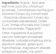 Ingredients: Acacia - Aloe vera leaf inner juice Dry ,chromium picolinate, Commiphora myrrha gum oleoresin Extract dr   