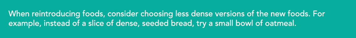 When reintroducing foods  consider choosing less dense versions of the new foods  For example  instead of a slice of    