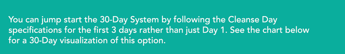 You can jump start the 30-Day System by following the Cleanse Day specifications for the first 3 days rather than jus   