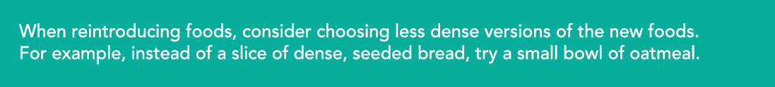 When reintroducing foods, consider choosing less dense versions of the new foods  For example, instead of a slice of    