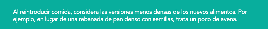 Al reintroducir comida, considera las versiones menos densas de los nuevos alimentos  Por ejemplo, en lugar de una re   
